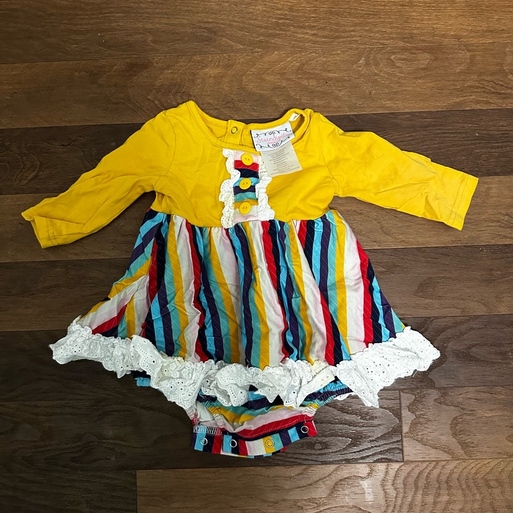 Serendipity baby girl yellow stripe dress size 3-6 months